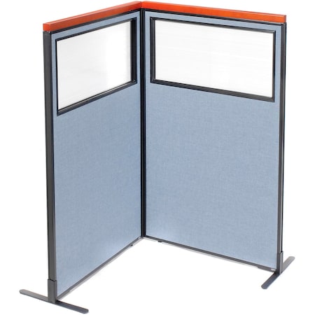 Interion By Global Industrial Interion Deluxe Freestanding 2-Panel Corner Divider w/Partial Window 36-1/4inW x 61-1/2inH Blue 695014BL